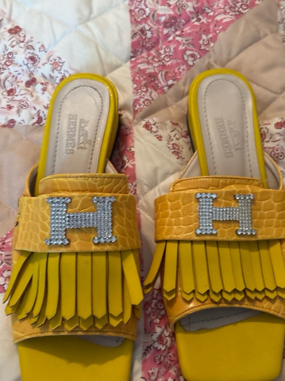 Hermes Yellow Fringe Crystal H Slide Mules